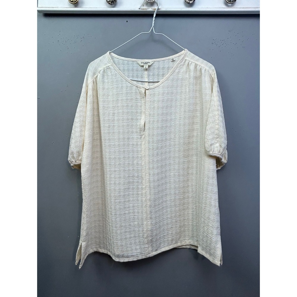 Max Studio London Blouse Womens Large Ivory Puff Sleeve Textured Keyhole Top